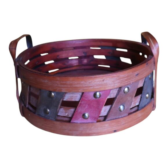 Unbranded Other - Vintage Red Wood Basket Studded Woven Accent Handles Rustic Boho 7"
